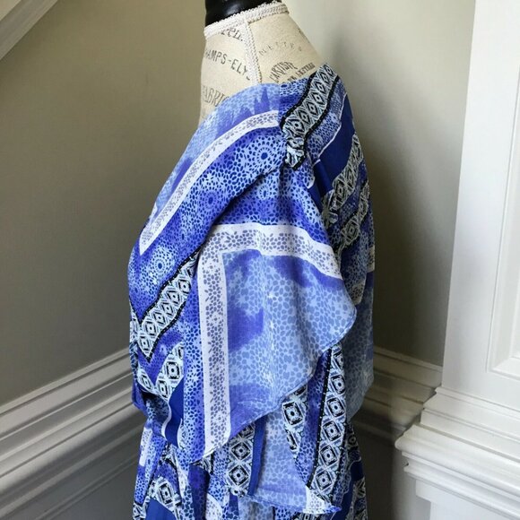 Parker Dominica Midi Dress Womens Medium Blue White Faux Wrap Dolman Sleeve - Picture 9 of 11
